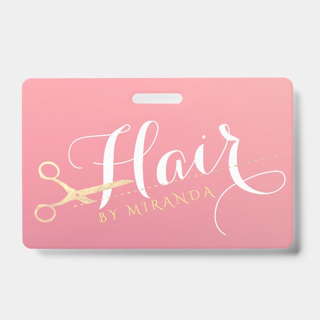 Hairstylist Makeup Salon Modern Pink Gold Scissors Badge (Front)