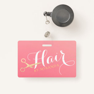 Hairstylist Makeup Salon Modern Pink Gold Scissors Badge