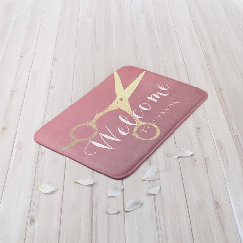 Hairstylist Makeup Salon Modern Pink Gold Scissors Bath Mat