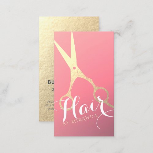 Hairstylist Makeup Salon Modern Pink Gold Scissors Business Card