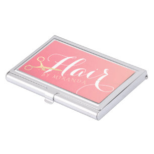 Hairstylist Makeup Salon Modern Pink Gold Scissors Business Card Case