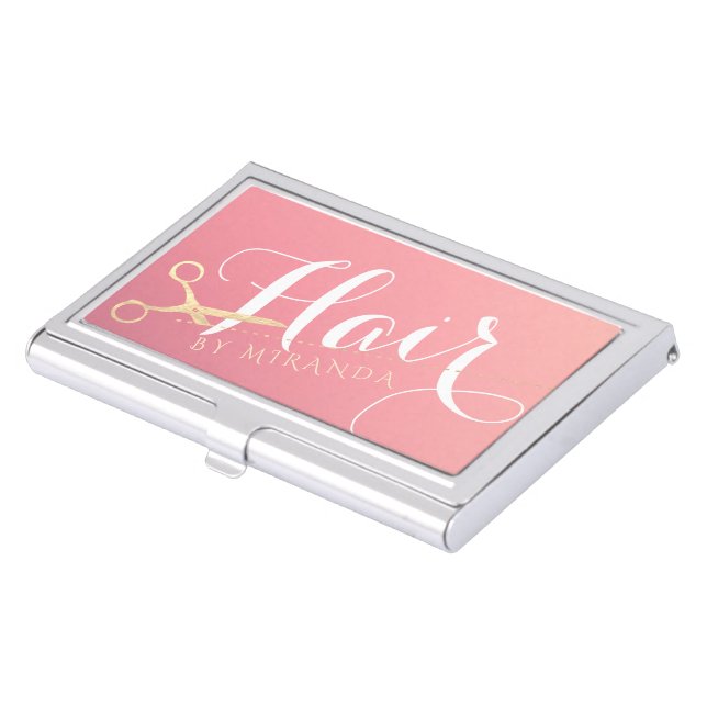 Hairstylist Makeup Salon Modern Pink Gold Scissors Business Card Case (Front)