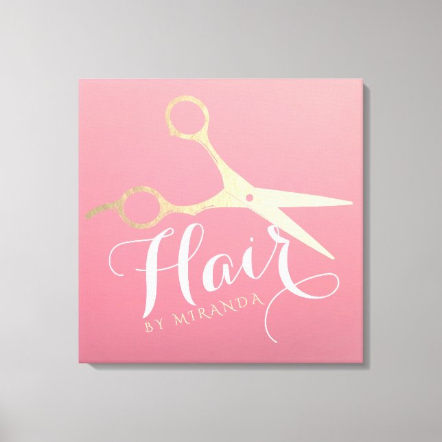 Hairstylist Makeup Salon Modern Pink Gold Scissors Canvas Print (Front)