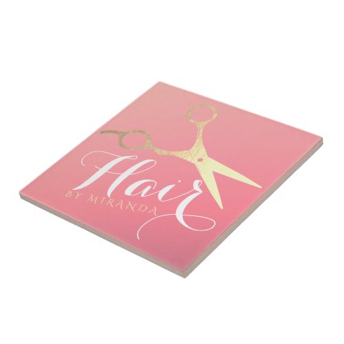Hairstylist Makeup Salon Modern Pink Gold Scissors Ceramic Tile