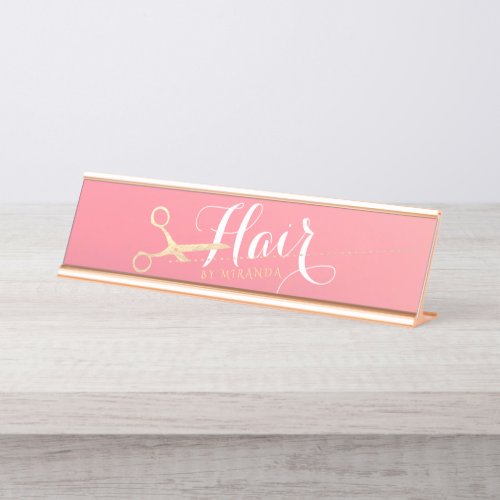 Hairstylist Makeup Salon Modern Pink Gold Scissors Desk Name Plate