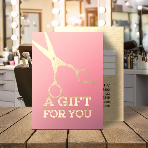 Hairstylist Makeup Salon Modern Pink Gold Scissors Discount Card