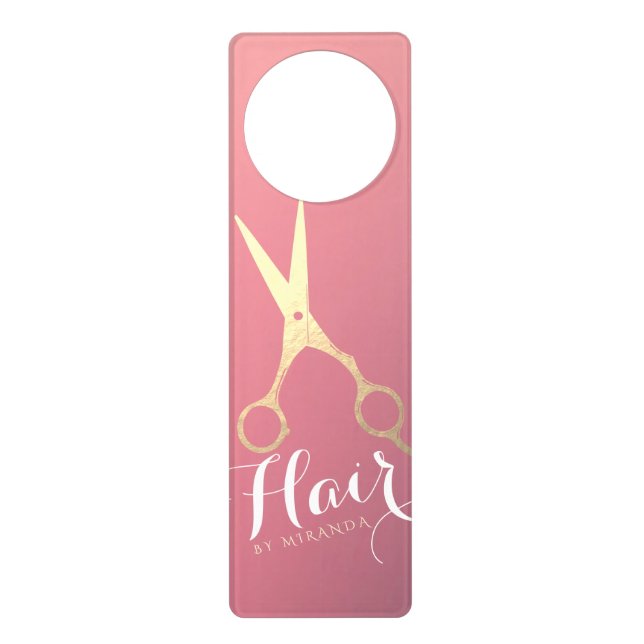 Hairstylist Makeup Salon Modern Pink Gold Scissors Door Hanger (Front)