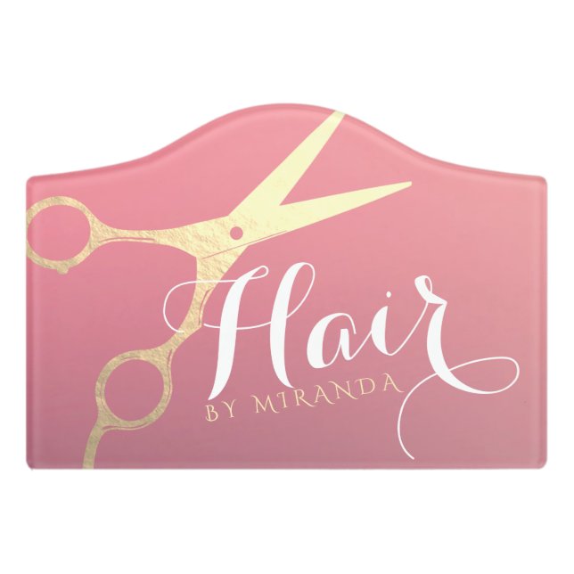 Hairstylist Makeup Salon Modern Pink Gold Scissors Door Sign (Small Crest Front)