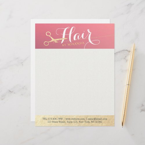 Hairstylist Makeup Salon Modern Pink Gold Scissors Letterhead