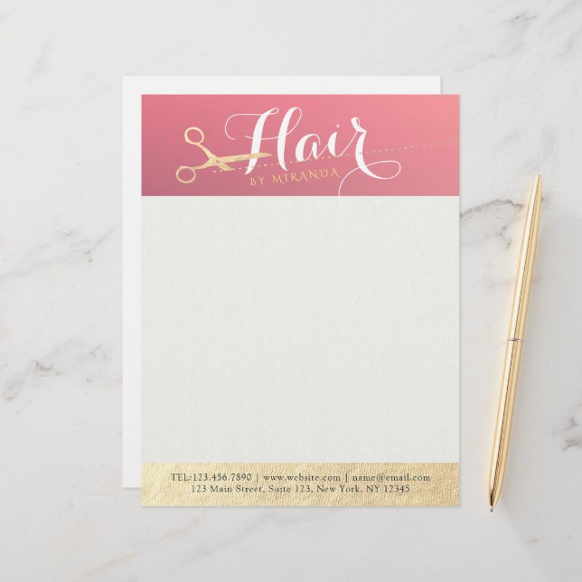 Hairstylist Makeup Salon Modern Pink Gold Scissors Letterhead (Front/Back In Situ)