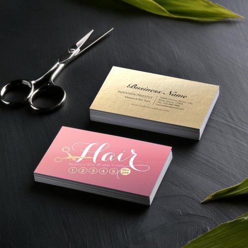 Hairstylist Makeup Salon Modern Pink Gold Scissors Loyalty Card