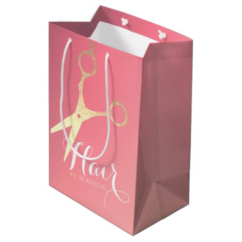 Hairstylist Makeup Salon Modern Pink Gold Scissors Medium Gift Bag