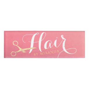 Hairstylist Makeup Salon Modern Pink Gold Scissors Name Tag