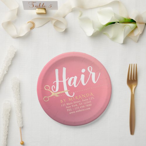 Hairstylist Makeup Salon Modern Pink Gold Scissors Paper Plates