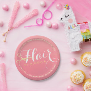 Hairstylist Makeup Salon Modern Pink Gold Scissors Paper Plates