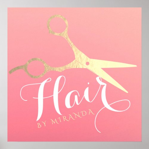 Hairstylist Makeup Salon Modern Pink Gold Scissors Poster