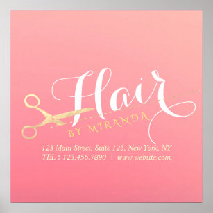 Hairstylist Makeup Salon Modern Pink Gold Scissors Poster