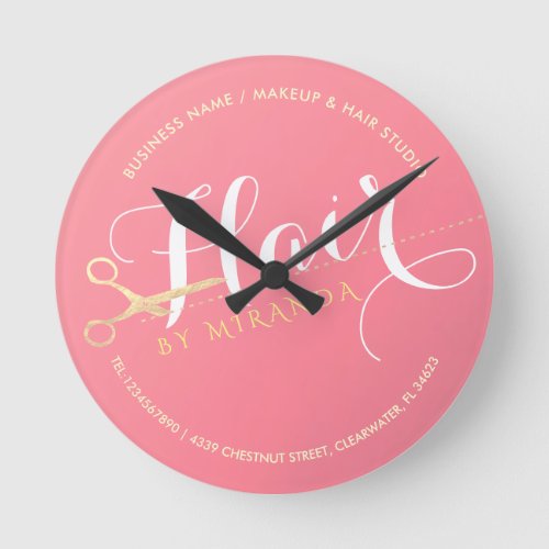 Hairstylist Makeup Salon Modern Pink Gold Scissors Round Clock
