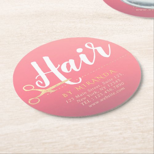 Hairstylist Makeup Salon Modern Pink Gold Scissors Round Paper Coaster