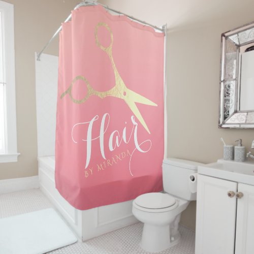 Hairstylist Makeup Salon Modern Pink Gold Scissors Shower Curtain