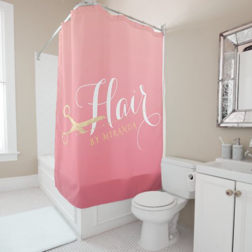 Hairstylist Makeup Salon Modern Pink Gold Scissors Shower Curtain