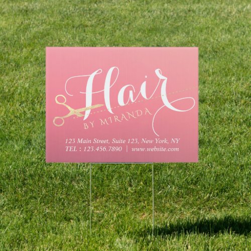 Hairstylist Makeup Salon Modern Pink Gold Scissors Sign
