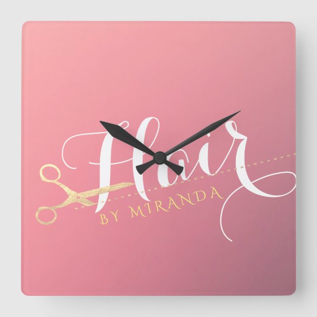 Hairstylist Makeup Salon Modern Pink Gold Scissors Square Wall Clock (Front)