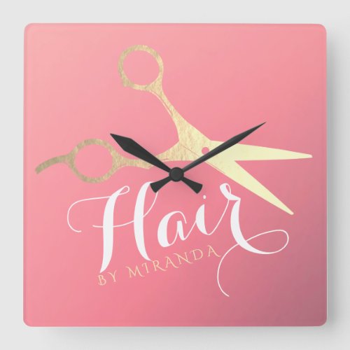 Hairstylist Makeup Salon Modern Pink Gold Scissors Square Wall Clock