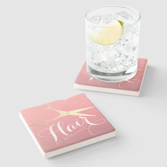 Hairstylist Makeup Salon Modern Pink Gold Scissors Stone Coaster (Side)