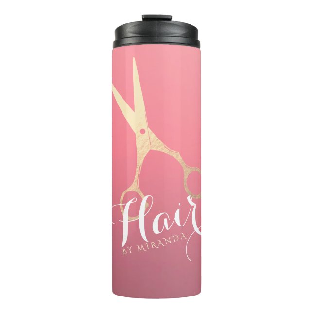 Hairstylist Makeup Salon Modern Pink Gold Scissors Thermal Tumbler (Front)