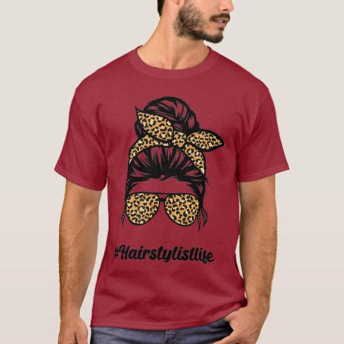 hairstylist messy bun hair Leopard Print T_Shirt