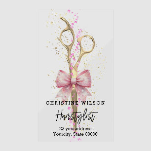 hairstylist pink bow scissors clear business cards