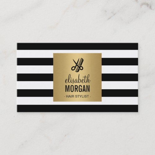 Hairstylist Retro Black White Stripes Gold Square Double-Sided Standard Business Cards (Pack Of 100)
