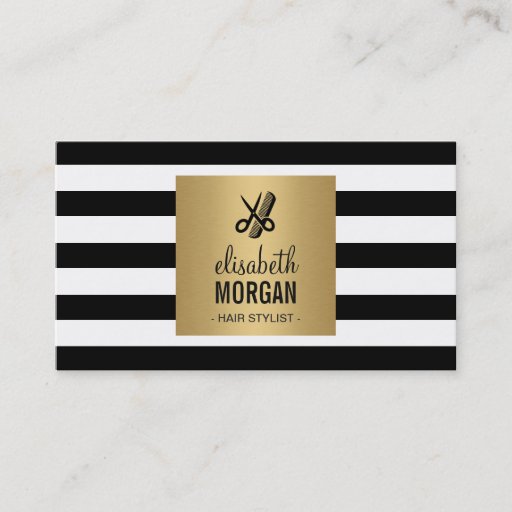 Customizable Hairstylist Retro Black White Stripes Gold Square Double-Sided Standard Business Cards (Pack Of 100)