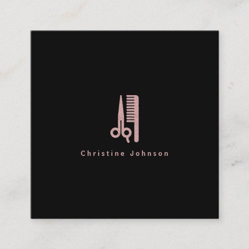 â hairstylist rose gold logo on black square business card