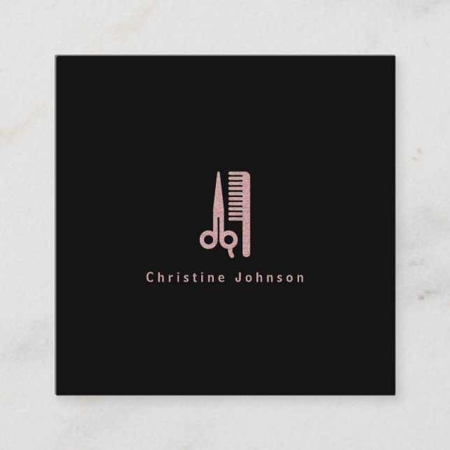 • hairstylist rose gold logo on black square business card (Front)