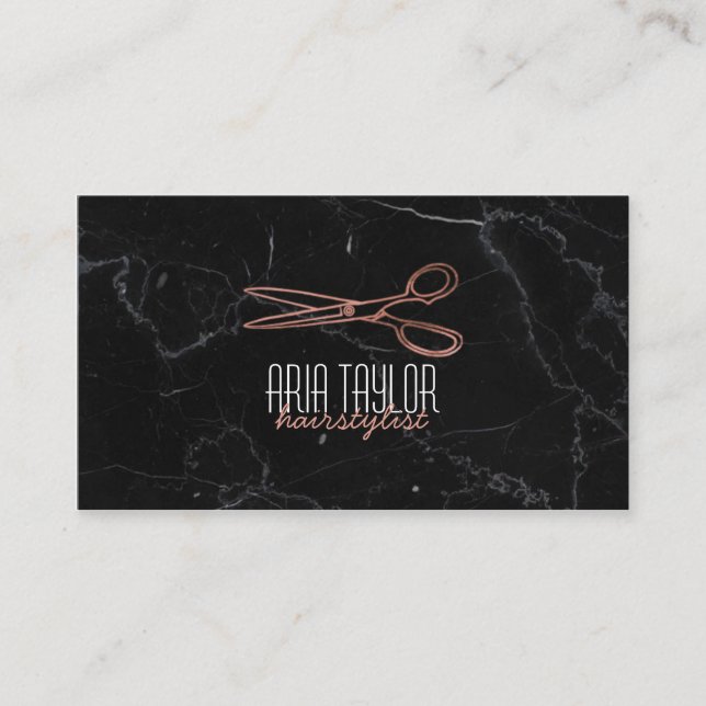 Hairstylist RoseGold Scissors Marble Business Card (Front)