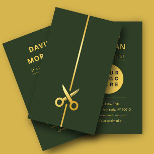 Hairstylist Scissors Logo Luxury Green & Gold Business Card