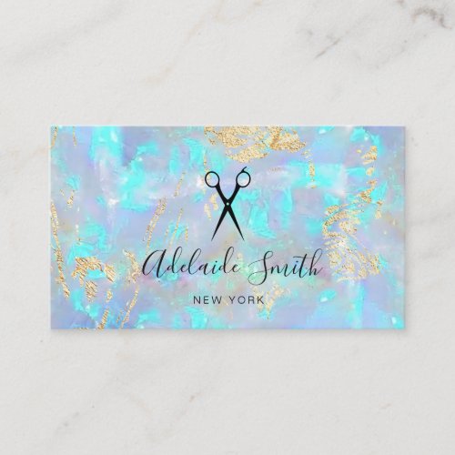 hairstylist scissors on FAUX iridescent opal Business Card