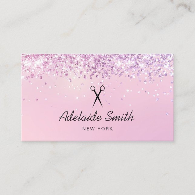 hairstylist simulated pink glitter business card (Front)