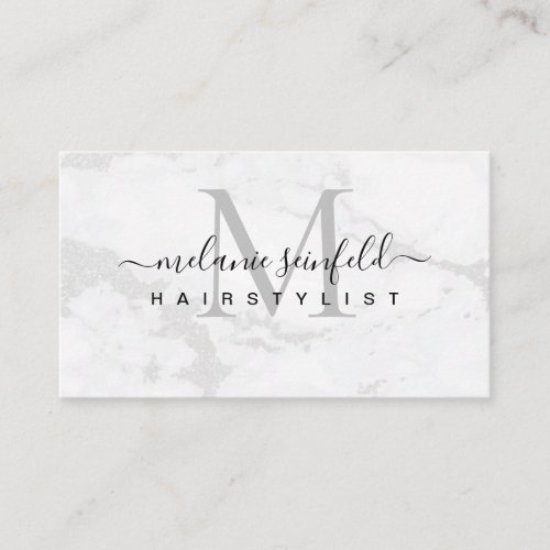 Hairstylist White Marble Beauty Salon Monogram Business Card