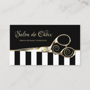 Hairstylist Wide Stripes Chic Gold Salon Scissors Business Card