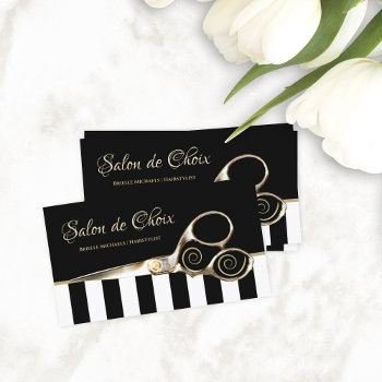 Hairstylist Wide Stripes Chic Gold Salon Scissors Business Card by GirlyBusinessCards at Zazzle