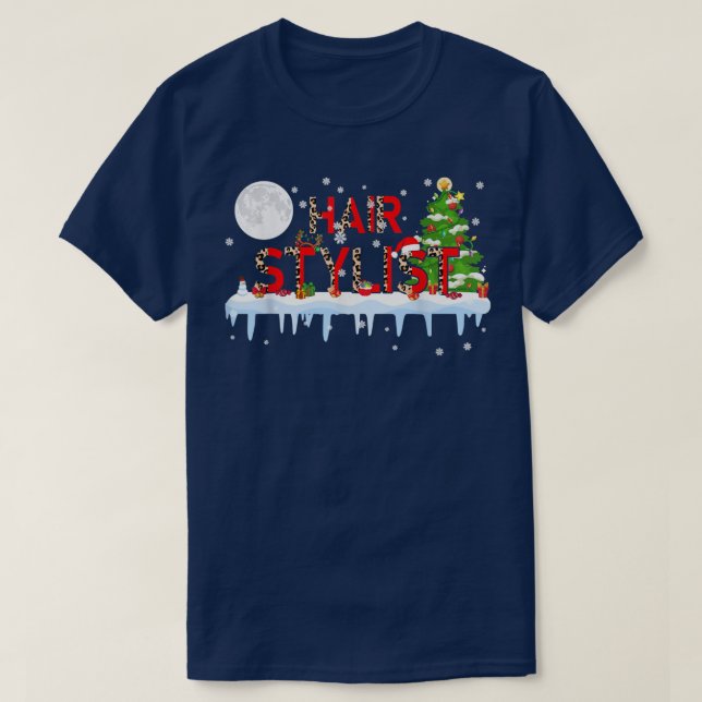 Hairstylist Xmas Tree Light Leopard Santa Hat Rein T-Shirt (Design Front)
