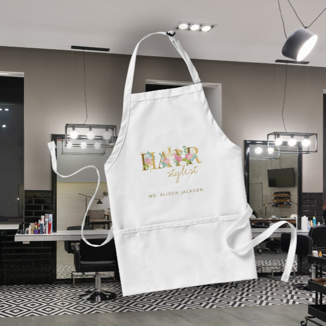 Hairstylist's name and typography logo hair salon adult apron