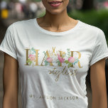 Hairstylist's name and typography logo hair salon T-Shirt<br><div class="desc">Personalized hairstylist / hair dresser employee name t-shirt with blush pink and faux gold foil floral typography logo.</div>