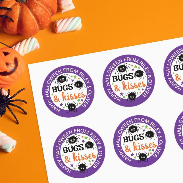 Hairy Spiders Bugs & Kisses Happy Halloween Favors Classic Round Sticker (Creator Uploaded)