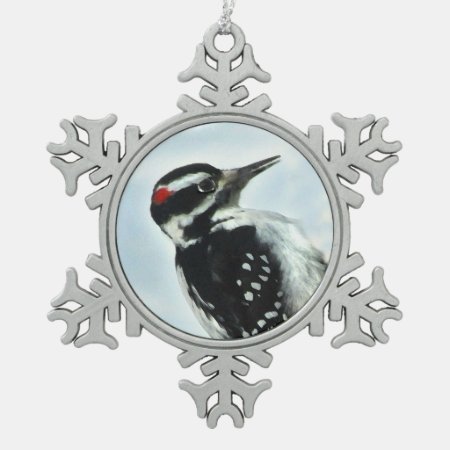 Hairy Woodpecker Pewter Snowflake Ornament