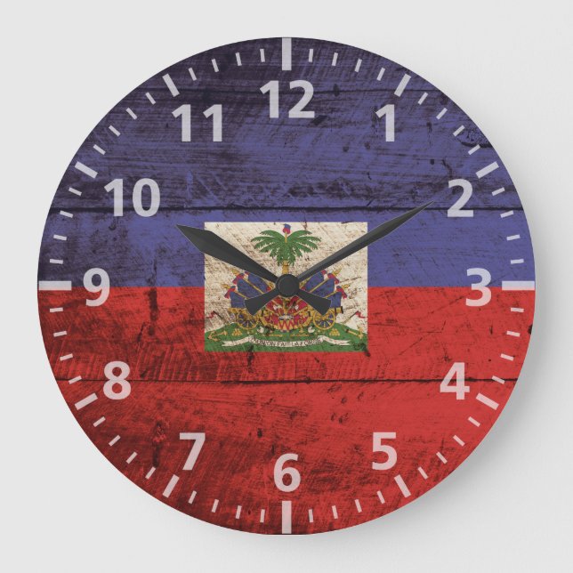Haiti Flag on Old Wood Grain Large Clock (Front)