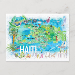 Haiti Illustrated Island Travel Map with Roads  Postcard